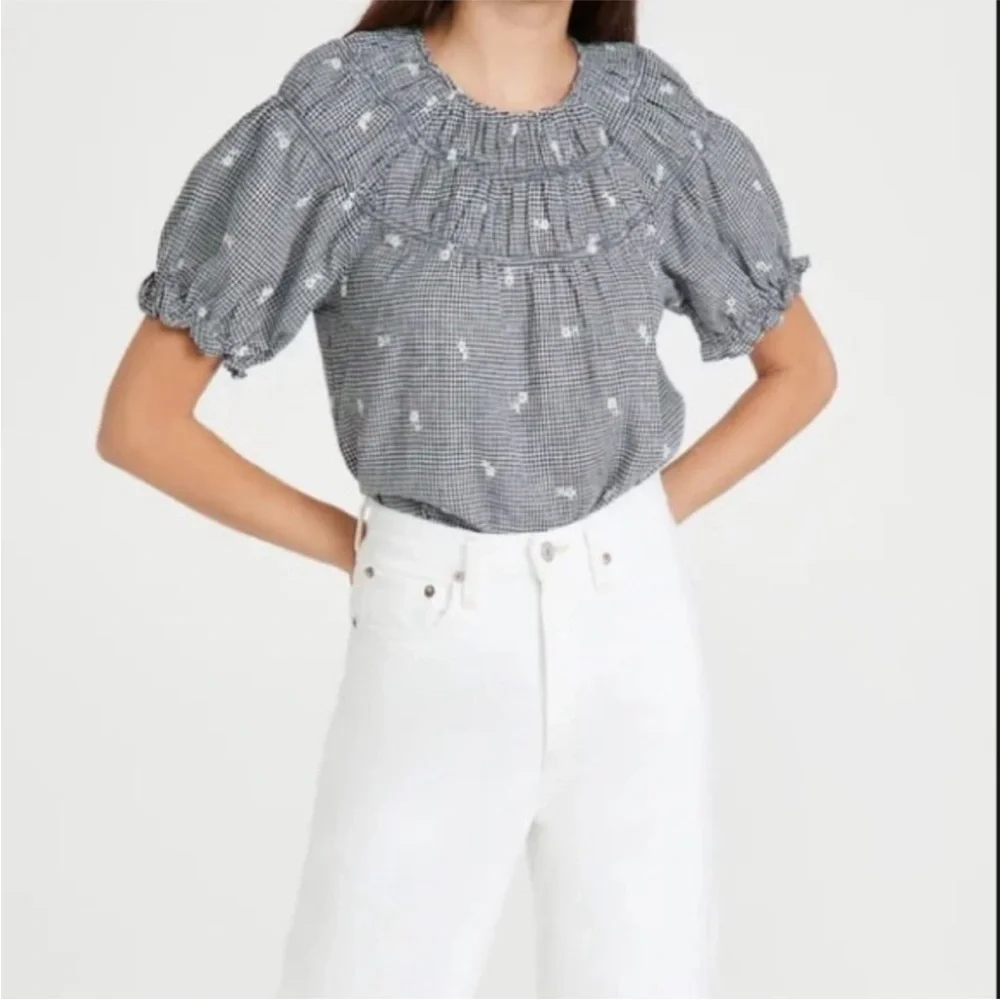 Madewell Embroidered Floral Gingham Ruffle Sleeve Peasant Top Black White M $88